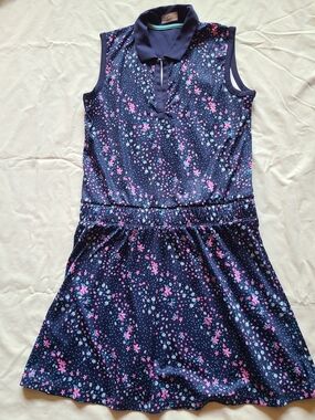 Callaway Navy Floral Sleeveless Polo Dress with Pink and Light Blue Accents